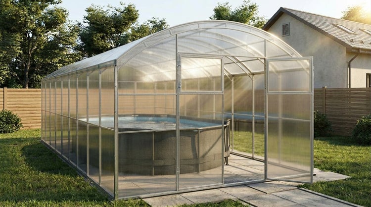 Poolüberdachung mit bogenförmigem Polycarbonatdach und Seitentür, montiert über einem Gartenpool auf einer gepflasterten Fläche im Außenbereich.