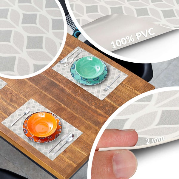 Platzset aus 100 Prozent PVC mit geometrischem Muster, 2 Millimeter dick, auf einem Holztisch mit Geschirr.