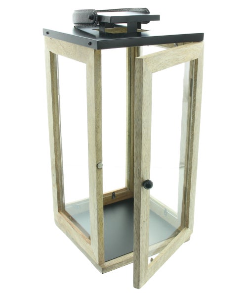 FRANK FLECHTWAREN|Laterne Modern Chic, groß, 20,5 x 20,5 x 55 cm, MANGOHOLZ, METALL, KUNSTLEDER, GLAS