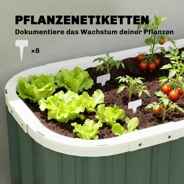 Acht T-förmige Pflanzenetiketten aus Kunststoff in einem Hochbeet mit Salat und Tomatenpflanzen.
