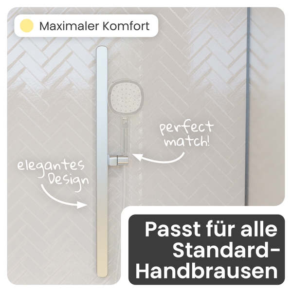 Elegante Duschstange mit Handbrause passend für alle Standard-Handbrausen an einer gefliesten Badezimmerwand.
