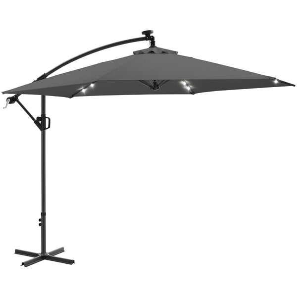 Ampelschirm mit LED Beleuchtung, anthrazitfarbenem Bezug und schwarzem Metallgestell inklusive Standkreuz.