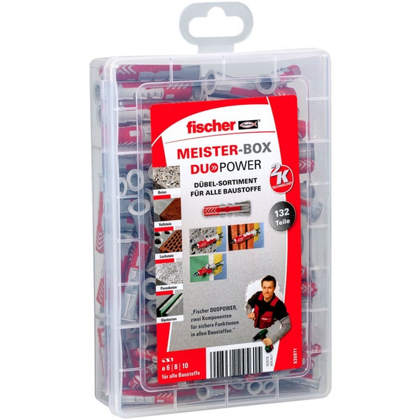 Fischer Dübel Meister-Box DUOPOWER, 132-teiliges Dübel-Sortiment in transparenter Kunststoffbox
