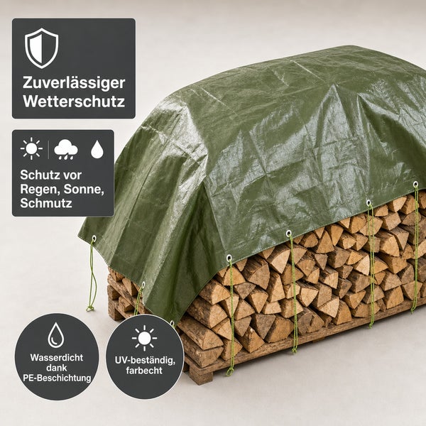 Wetterfeste Abdeckplane zum Schutz von Kaminholz vor Regen, Sonne und Schmutz mit wasserdichter Beschichtung und UV-Beständigkeit.