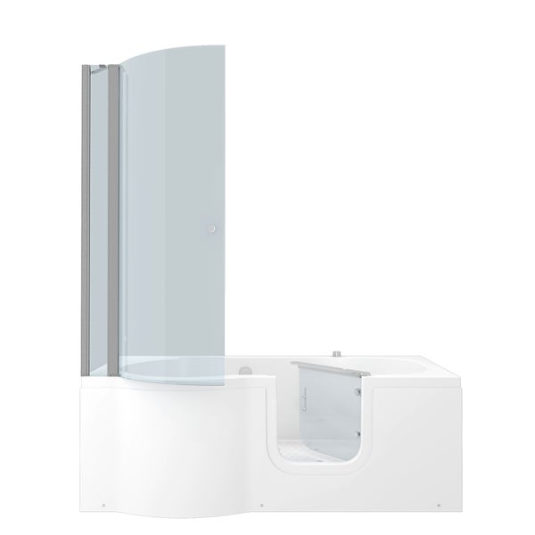 Begehbare Badewanne mit integrierter Tür und Glas-Duschabtrennung in einem hellen Badezimmer mit Fliesenboden, Fenster und Pflanze.
