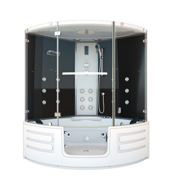 Dampfdusche mit Whirlpool-Badewanne, Massagedüsen, Handbrause und Kopfbrause hinter Glasfronten.