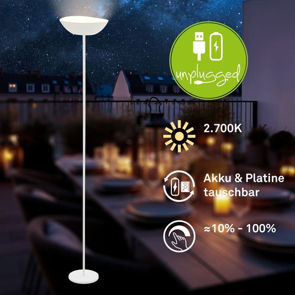 Briloner Estate LED Stehlampe kabellos, Dimmbar, Touch, USB-C Aufladung, Kabellos, Weiß, 170 x Ø25 cm