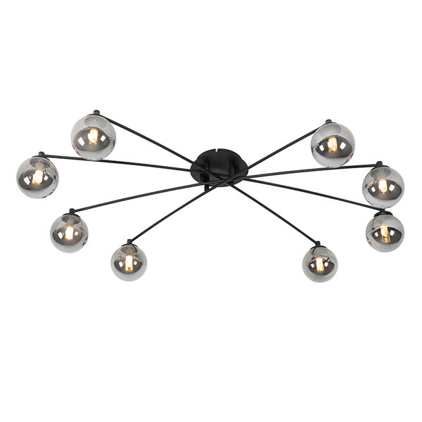 Deckenleuchte mit acht Leuchtenarmen und kugelförmigen Lampenschirmen