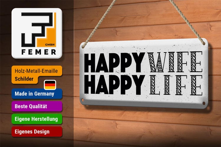 Blechschild Spruch Frau Happy wife happy Life 27x10cm
