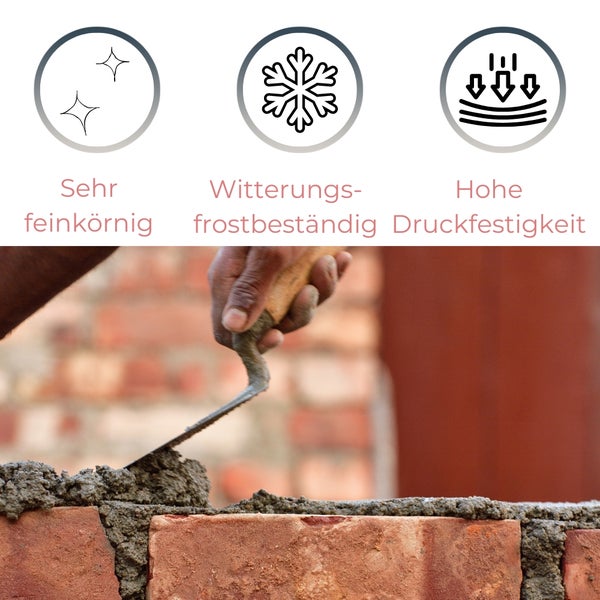 Sehr feinkörnig: Das Material hat eine sehr feine Struktur. Witterungs-frostbeständig: Das Material ist beständig gegen Witterungseinflüsse und Frost. Hohe Druckfestigkeit: Das Material hält hohem Druck stand.