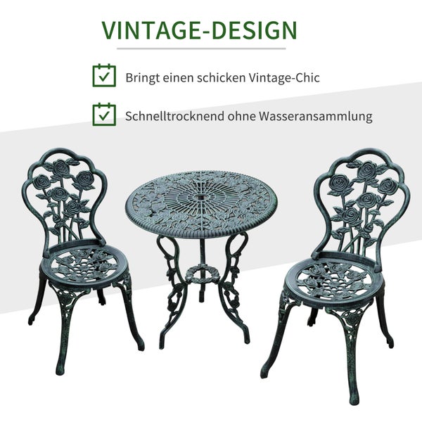 Dunkelgrünes Bistro-Set aus Metall im Vintage-Design mit Rosenmuster, bestehend aus einem runden Tisch und zwei Stühlen, schnelltrocknend.