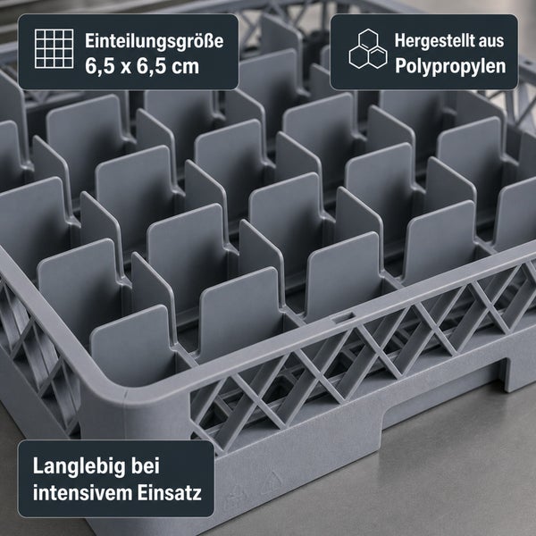 Spülkorb aus Polypropylen mit einer Einteilungsgröße von 6,5 mal 6,5 Zentimetern, langlebig bei intensivem Einsatz.