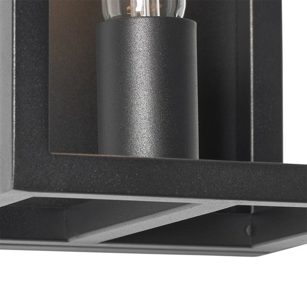 Detailansicht einer schwarzen Außenleuchte mit Glühbirne und rechteckigem Design