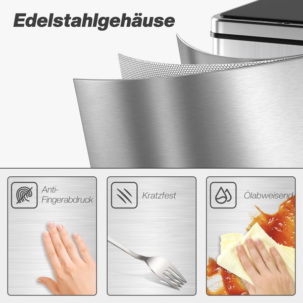 Infografik zum Edelstahlgehäuse: Anti-Fingerabdruck, kratzfest und ölabweisend mit entsprechenden Symbolen und Anwendungsbeispielen.
