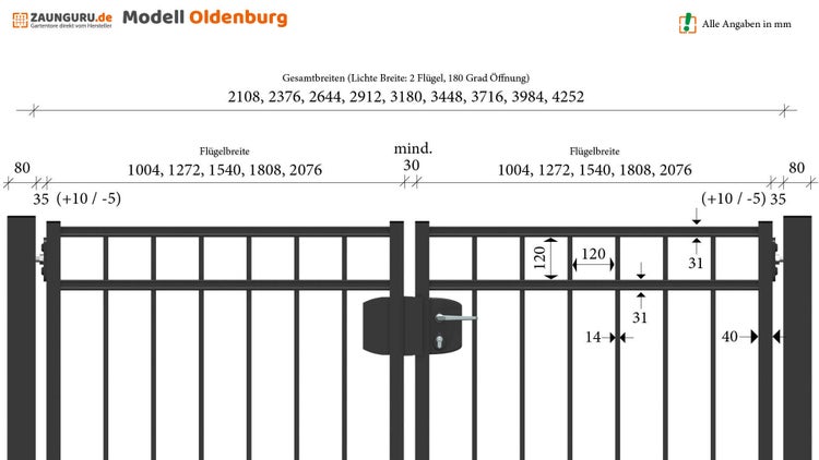 Gartentor ZAUNGURU BASIC-Line Oldenburg aus Metall, Höhe: 123cm, Breite: 334cm, 2-flügelig inkl. Pfosten, Schloss und Zubehör, Feuerverzinkt und zusätzlich in RAL 7016 Anthrazitgrau pulverbeschichtet
