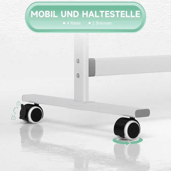 Mobiles Untergestell mit vier Rollen, zwei davon mit Feststellbremsen für einen stabilen Halt.