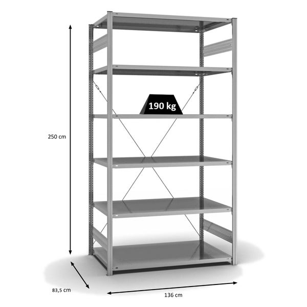 PROREGAL Fachbodenregal Stecksystem T-Profil Light-Duty Grundregal HxBxT 250 x 130 x 80 cm 6 Ebenen Fachlast 190 kg Einseitig Nutzbar Verzinkt
