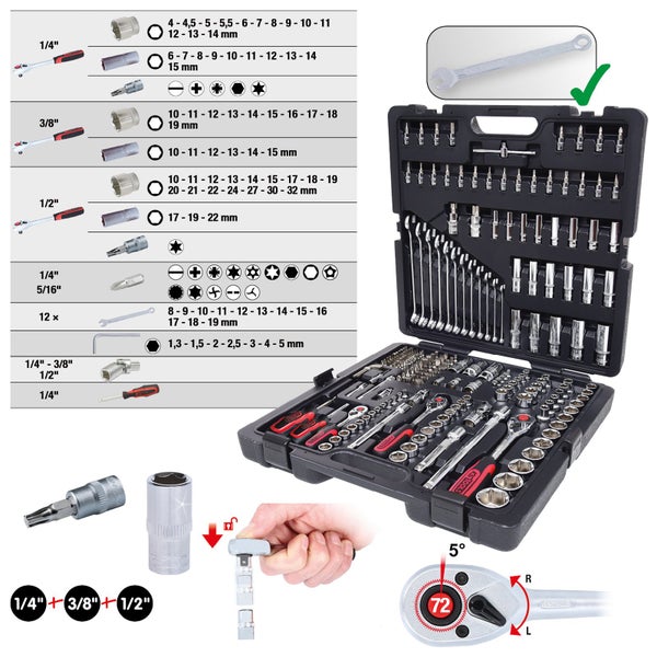 Werkzeugkoffer mit verschiedenen Schraubenschlüsseln, Steckschlüsseln und Bits