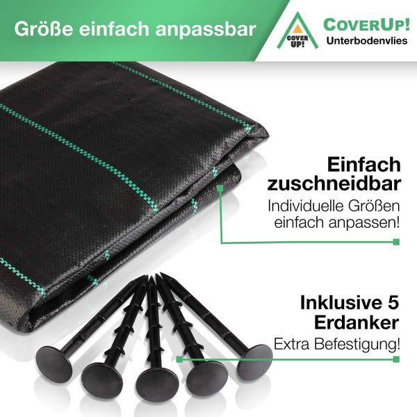 CoverUp! Unkrautgewebe 2m x 10m = 20m² – Gartenvlies Unkrautvlies wasserdurchlässig atmungsaktiv (100 g/m²) – inkl. 5 Erdanker