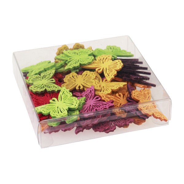 Dekorative Holzschmetterlinge in einer transparenten Verpackung.