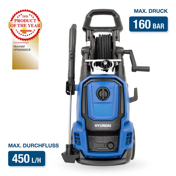 Hyundai Hochdruckreiniger HPW2000CE mit Schlauchtrommel, maximaler Druck 160 bar, maximale Durchflussmenge 450 Liter pro Stunde.