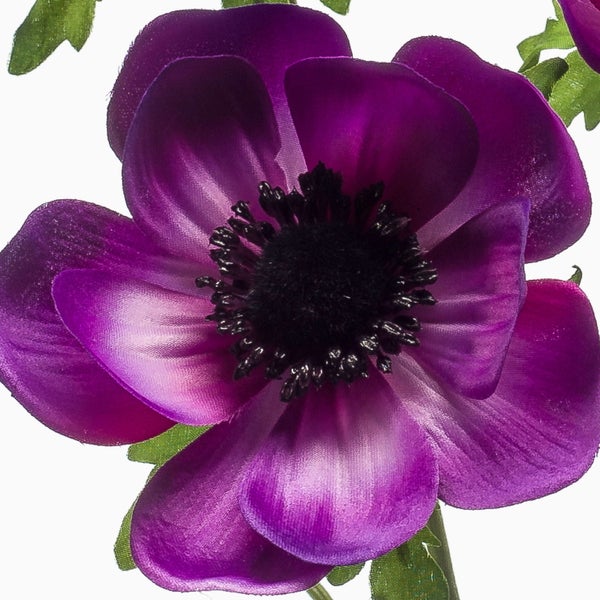 Künstliche Anemone in Lila mit dunkler Mitte und grünen Blättern.