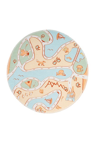Runder Spielteppich mit Straßenkarte, Flüssen, Gebäuden und Tieren für das Kinderzimmer.