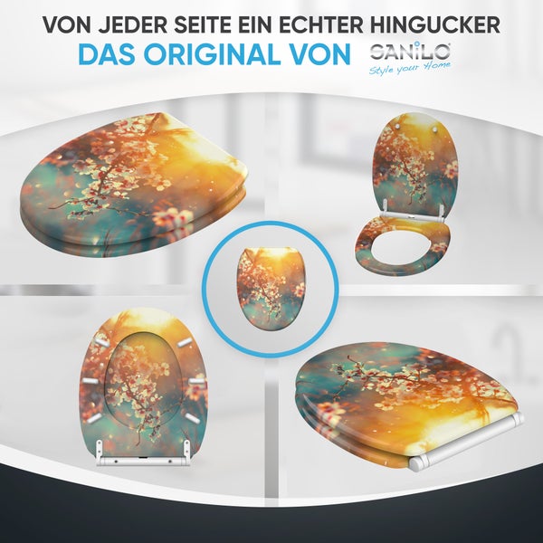 Toilettensitz mit floralem Muster in verschiedenen Ansichten und Sanilo Logo.