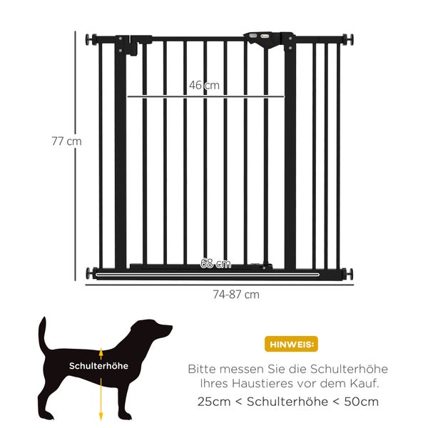 PawHut Türschutzgitter Hunde, Absperrgitter, 74-87 cm, Treppenschutzgitter für Haustier, Hundegitter inkl. Verlängerung, Schutzgitter ohne Bohren, Metall, Kunststoff, Schwarz