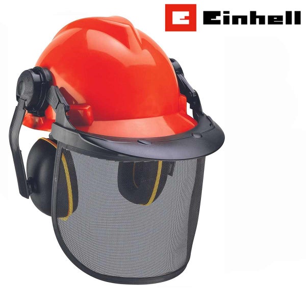 Einhell Logo, Forsthelm mit Gehörschutz und klappbarem Netzvisier für Forstarbeiten