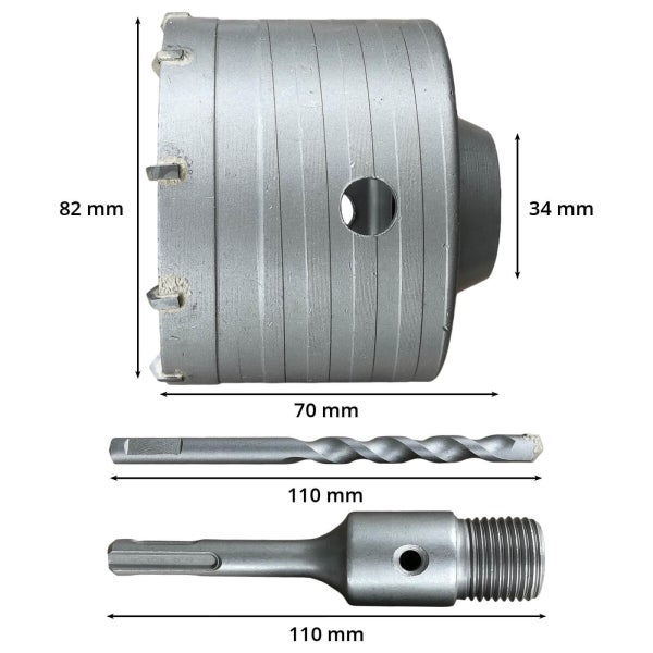 Bohrkrone mit 82 Millimeter Durchmesser und Bohrer sowie SDS Plus Aufnahme mit 110 Millimeter Länge
