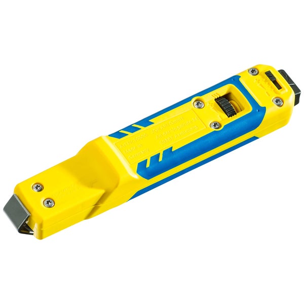 Jokari Entmanteler aus Kunststoff in Gelb und Blau mit Einstellrad.