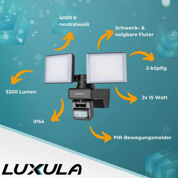 Luxula Fluter mit zwei Leuchtenköpfen, 3200 Lumen, 4000 K neutralweiß, schwenk- und neigbar, 2 x 15 Watt, IP54, PIR-Bewegungsmelder