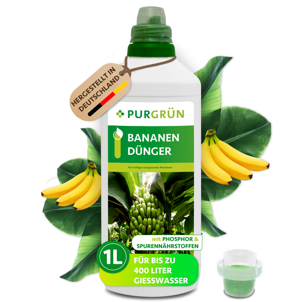 Eine Flasche Purgrün Bananendünger mit einem Liter Inhalt für bis zu 400 Liter Gießwasser, inklusive Messbecher.