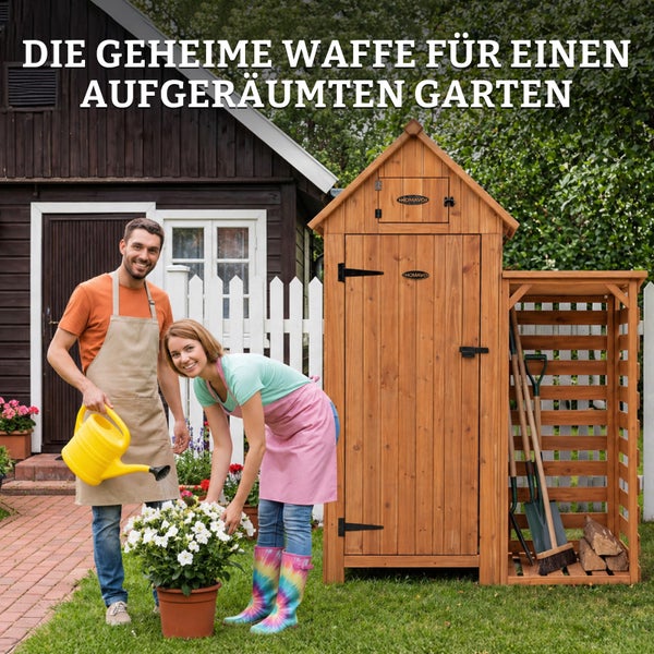 Ein Mann und eine Frau gärtnern neben einem hohen Gartenschrank aus Holz mit integriertem Brennholzregal für einen aufgeräumten Garten.