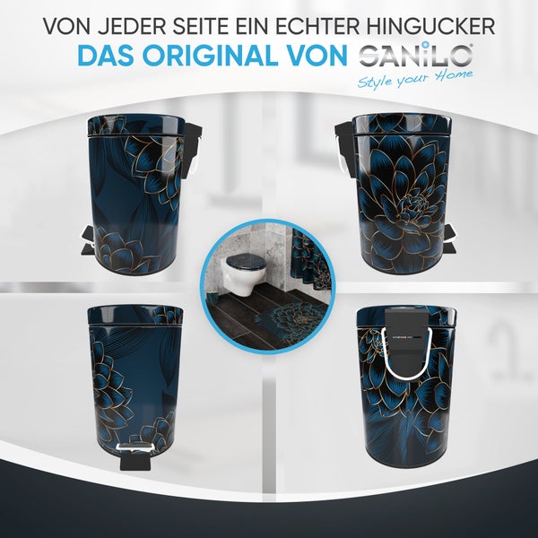 Sanilo Logo, Tretabfalleimer mit floralem Design in Dunkelblau und Gold in verschiedenen Ansichten und Badezimmerumgebung.