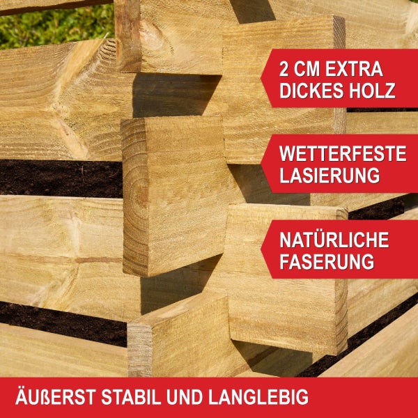 Person mit Gartenhandschuhen legt Gartenabfälle wie Nadelzweige und Küchenabfälle in einen Holzkomposter zur Gewinnung von wertvoller Muttererde.