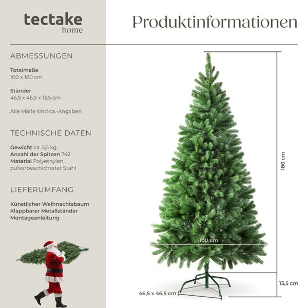 Produktinformationen zu einem künstlichen Weihnachtsbaum mit den Maßen 100 x 180 cm.
