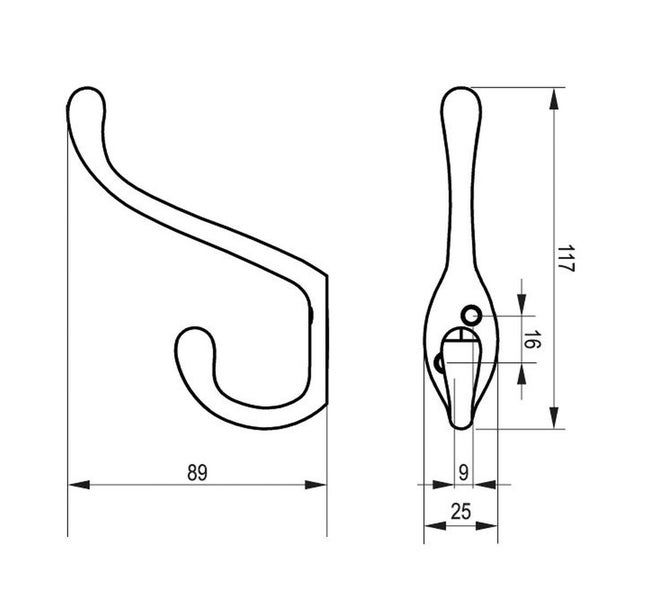 Technische Zeichnung eines Mantelhaken mit Maßangaben.