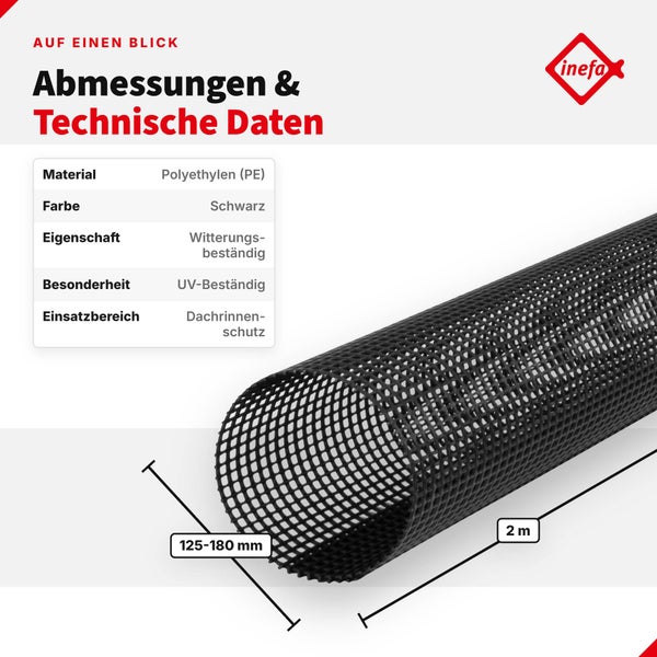 Inefa Dachrinnenschutz aus Polyethylen mit zwei Metern Länge und einem Durchmesser von 125 bis 180 Millimeter zur Montage in der Dachrinne.