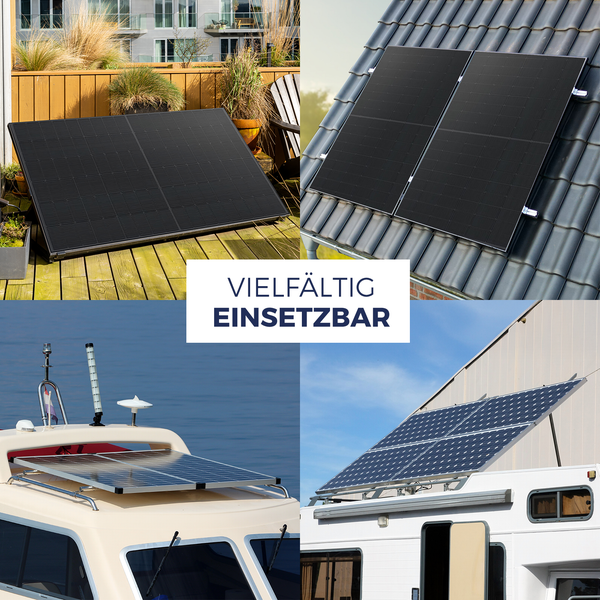Vielfältige Einsatzbereiche für Solarmodule: montiert auf einer Balkonterrasse, einem Ziegeldach, einem Bootsdeck und einem Wohnmobildach.