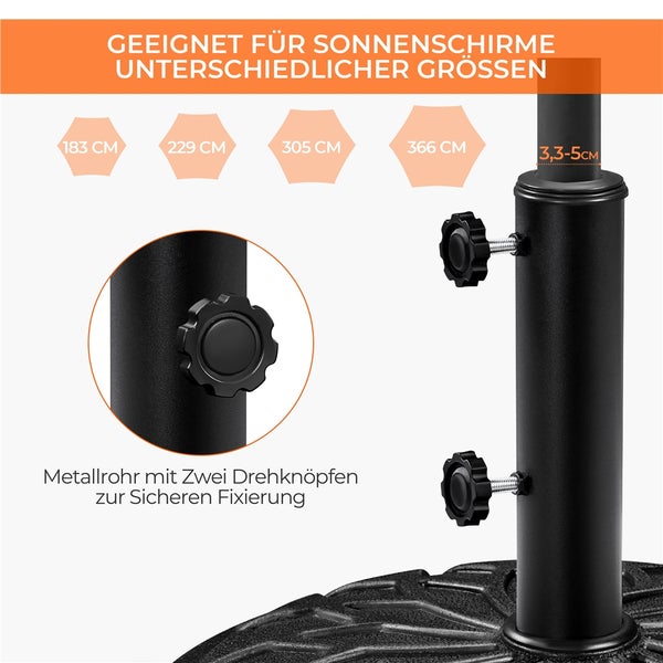 Schirmständer-Metallrohr mit zwei Drehknöpfen zur Fixierung von Sonnenschirmen verschiedener Größen mit Rohrdurchmesser 3,3 bis 5 Zentimeter.