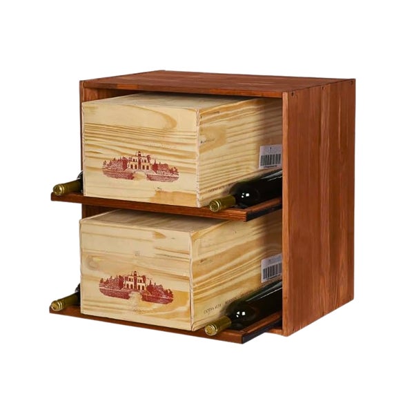 Weinregal aus Holz für zwei Weinkisten mit ausziehbaren Böden.