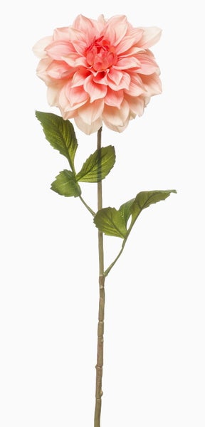 Künstliche Dahlie mit rosa Blüte und grünen Blättern am Stiel.