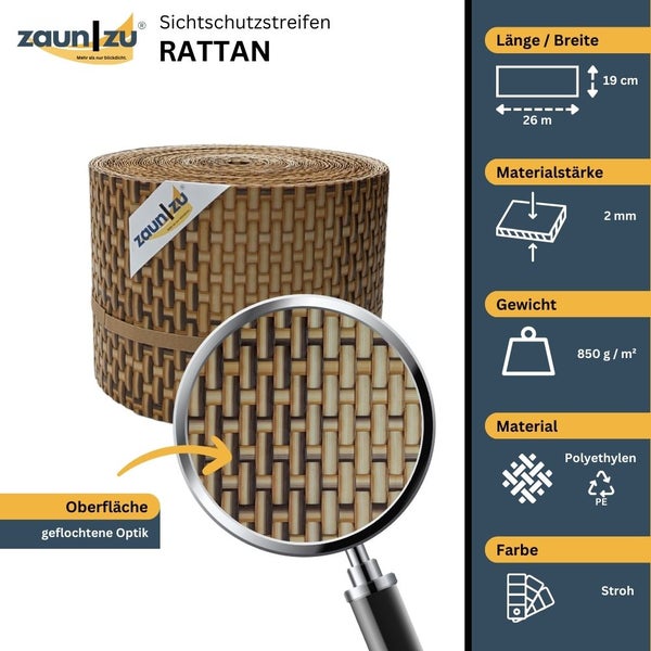 Zaun zu Sichtschutzstreifen Rattan, 26 Meter lang und 19 Zentimeter breit, Materialstärke 2 Millimeter, Gewicht 850 Gramm pro Quadratmeter, Material Polyethylen, Farbe Stroh, geflochtene Optik, Zaun zu Logo