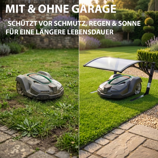 Vergleich eines Mähroboters ohne und mit Garage im Garten zum Schutz vor Schmutz, Regen und Sonne für eine längere Lebensdauer.