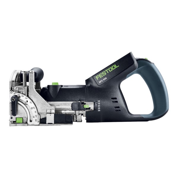 Festool Domino Dübelfräse DF 500 mit Tiefeneinstellung und Winkeleinstellung für präzise Holzverbindungen.