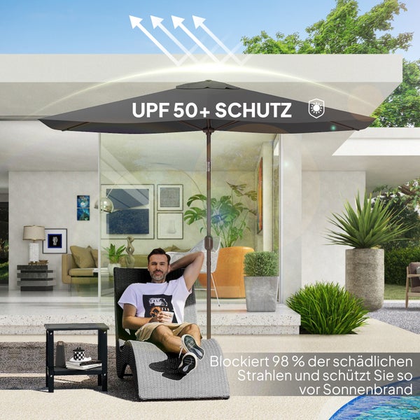Dunkler Sonnenschirm mit Schutzfaktor 50 plus auf einer hellen, modernen Terrasse, schützt vor 98 Prozent der ultravioletten Strahlen.
