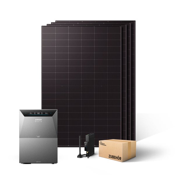 Balkonkraftwerk Set mit Solarmodulen, Anker Solix Speicher, Smart Meter, Zubehör, Anker Solix Logo und kleines kraftwerk Logo.