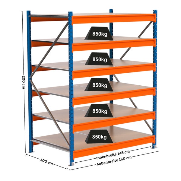 Steckregal mit fünf Böden und Gewichtsangaben